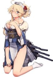 Rule 34 | 10s, 1girl, american flag, blonde hair, blue eyes, blue nails, blush, breasts, flag print, flower, full body, furisode, headgear, iowa (kancolle), japanese clothes, kantai collection, kimono, kneeling, large breasts, long hair, looking at viewer, multicolored nails, nail polish, official art, one eye closed, red nails, rose, sandals, shizuma yoshinori, solo, star-shaped pupils, star (symbol), symbol-shaped pupils, tabi, torn clothes, transparent background, turret