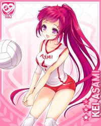 Rule 34 | 1girl, asami kei, ball, character name, elbow pads, english text, from side, girlfriend (kari), hands on legs, official art, open mouth, pink background, pink eyes, pink hair, playing sports, ponytail, qp:flapper, red shorts, serving, shirt, shorts, smile, solo, sportswear, tagme, volleyball, volleyball (object), white shirt