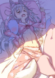 Rule 34 | 1girl, = =, animal, animal ears, breasts, cat, chinese commentary, clothes pull, commentary request, closed eyes, ghost, highres, long hair, lying, midriff, navel, on back, open clothes, open mouth, open shirt, original, pajamas, panties, pants, pants pull, pillow, silver hair, sleeping, tail, underboob, underwear, yellowpaint.