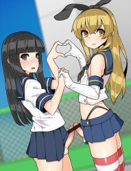 Rule 34 | 2boys, ball bra, bar censor, black eyes, black hair, black panties, blunt bangs, blush, brown eyes, brown hair, censored, cosplay, crossdressing, elbow gloves, erection, from side, gloves, hairband, hatsuyuki (kancolle), hatsuyuki (kancolle) (cosplay), heart, heart hands, heart hands duo, highleg, highleg panties, highres, holding hands, interlocked fingers, kantai collection, long hair, looking at viewer, male focus, midriff, miniskirt, multiple boys, open mouth, panties, penis, penis size difference, penises touching, pleated skirt, pointless censoring, pointy ears, school uniform, serafuku, shimakaze-kun, shimakaze (kancolle), shimakaze (kancolle) (cosplay), shinagawa mikuzu, skirt, smile, standing, striped clothes, striped legwear, striped thighhighs, testicles, thighhighs, trap, trap on trap, underwear, white gloves, yaoi