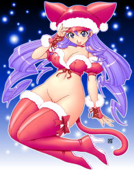 Rule 34 | 1girl, animal ears, blush, boots, breasts, bustier, cat ears, cat tail, christmas, cleft of venus, fingerless gloves, front-tie top, gloves, groin, high heels, kenix, large breasts, lingerie, long hair, original, purple eyes, purple hair, pussy, red gloves, santa costume, shoes, solo, tail, thigh boots, thighhighs, uncensored, underwear, very long hair