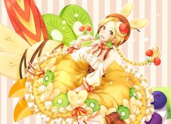Rule 34 | 1girl, animal ears, banana, banana slice, blonde hair, blueberry, braid, brown eyes, brown footwear, brown hat, cherry, corset, cropped legs, detached sleeves, fake animal ears, food, food-themed hair ornament, frills, fruit, hair ornament, hat, highres, holding, holding spoon, ice cream, kitazume kumie, kiwi (fruit), kiwi slice, long hair, looking at viewer, melon, orange (fruit), orange slice, original, personification, shoes, skirt, solo, spoon, striped, striped background, vertical stripes, whipped cream, yellow skirt