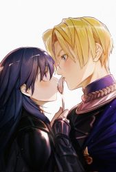Rule 34 | 1boy, 1girl, blonde hair, blue eyes, blue hair, blush, byleth (female) (fire emblem), byleth (fire emblem), dimitri alexandre blaiddyd, eye contact, fire emblem, fire emblem: three houses, from side, garreg mach monastery uniform, hair between eyes, height difference, hetero, highres, holding, holding spoon, long hair, looking at another, nintendo, profile, puckered lips, simple background, sparkle, spoon, sumirou-kun, upper body, white background
