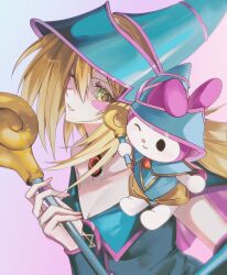Rule 34 | 1girl, absurdres, bare shoulders, blonde hair, blush, blush stickers, breasts, choker, cleavage, dark magician girl, duel monster, green eyes, hair between eyes, hat, highres, holding, holding wand, large breasts, long hair, my melody, sanrio, smile, staff, uuu ygo, wand, wizard hat, yu-gi-oh!, yu-gi-oh! duel monsters