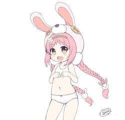 Rule 34 | 1girl, :d, animal ears, animal hat, bare arms, bare shoulders, blush, bow, bow panties, bra, braid, brown eyes, button eyes, buttons, commentary request, fake animal ears, flower, gluteal fold, hair flower, hair ornament, hairband, hat, long hair, low twintails, mimi (princess connect!), navel, open mouth, panties, pink hair, pink headwear, princess connect!, rabbit ears, rabbit hair ornament, rabbit hat, round teeth, sakuraba hikaru (loveindog), signature, simple background, smile, solo, teeth, twin braids, twintails, underwear, underwear only, upper teeth only, very long hair, white background, white bra, white flower, white panties