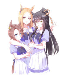 3girls, animal ears, arm around shoulder, bandaid, bandaid on face, bandaid on nose, bangs, blonde hair, blue eyes, bow, bowtie, breasts, brown hair, crossed arms, horse ears, horse girl, horse tail, long hair, looking at viewer, medium breasts, medium hair, mouth hold, multiple girls, narita brian (umamusume), narita taishin (umamusume), narita top road (umamusume), notice lines, open mouth, ponytail, puffy short sleeves, puffy sleeves, purple bow, purple bowtie, romi (346 ura), sailor collar, school uniform, scowl, short hair, short sleeves, simple background, skirt, smile, stalk in mouth, sweatdrop, tail, tracen school uniform, umamusume, v, v-shaped eyebrows, white background, white skirt, yellow eyes