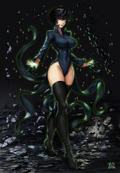 Rule 34 | 1girl, black background, black dress, black hair, black thighhighs, boots, breasts, cosplay, curvy, dress, female focus, fubuki (one-punch man), green eyes, high heel boots, high heels, highres, large breasts, looking at viewer, no panties, one-punch man, short hair, simple background, smile, solo, tatsumaki (cosplay), the golden smurf, thighhighs, thighs