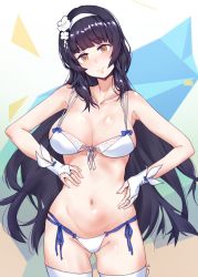 Rule 34 | aningay, bad id, bad twitter id, bikini, black hair, blunt bangs, breasts, bridal gauntlets, cleavage, closed mouth, collarbone, cowboy shot, fingerless gloves, flower, front-tie bikini top, front-tie top, girls&#039; frontline, gloves, gluteal fold, hair flower, hair ornament, hairband, hand on own hip, hand on own stomach, head tilt, highres, large breasts, long hair, looking at viewer, multi-strapped bikini bottom, multi-strapped bikini top, navel, official alternate costume, side-tie bikini bottom, smile, swimsuit, thighhighs, type 95 (girls&#039; frontline), type 95 (summer cicada) (girls&#039; frontline), very long hair, white bikini, white gloves, white thighhighs, yellow eyes