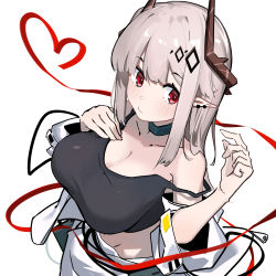 Rule 34 | 1girl, absurdres, arknights, black tank top, blush, breasts, chichi guai, chinese commentary, cleavage, closed mouth, coat, collarbone, commentary, cowboy shot, crop top, demon horns, ear piercing, from above, hand on own chest, heart, heart of string, highres, horns, infection monitor (arknights), large breasts, long hair, looking to the side, material growth, mudrock (arknights), mudrock (elite ii) (arknights), off shoulder, open clothes, open coat, oripathy lesion (arknights), piercing, pointy ears, red eyes, red ribbon, ribbon, silver hair, simple background, solo, strap slip, tank top, white background, white coat