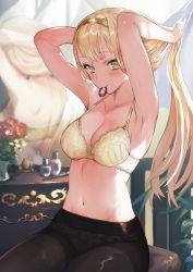 Rule 34 | 1girl, adjusting hair, armpits, arms up, atelier (series), atelier ryza, atelier ryza 1, blush, bra, breasts, chest of drawers, day, flower, green eyes, hair tie, hair tie in mouth, highres, holding, holding own hair, indoors, klaudia valentz, looking at viewer, makeup brush, medium breasts, midriff, mirror, mouth hold, navel, non-web source, official art, panties, panties under pantyhose, pantyhose, reflection, shiny clothes, shiny legwear, sitting, toridamono, tying hair, underwear, white bra