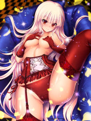 Rule 34 | 1girl, :&gt;, blunt bangs, blurry, blurry background, breasts, checkered floor, closed eyes, covering privates, covering breasts, cowboy shot, elbow gloves, fujiwara no mokou, garter straps, gloves, head tilt, hijikawa arashi, lace, lace-trimmed legwear, lace trim, lingerie, long hair, looking at viewer, lying, medium breasts, no bra, on back, panties, red eyes, red gloves, red panties, red thighhighs, smile, solo, sparkle, thighhighs, thighs, topless, touhou, underwear, underwear only, very long hair, white hair