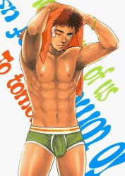 Rule 34 | 1boy, abs, armpit hair, armpits, arms up, bulge, goma saba, green eyes, male focus, muscular, nipples, plaster, red hair, solo, towel, underwear, wet