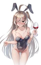 1girl absurdres ahoge alcohol armpit_crease bare_legs bare_shoulders black_hair black_leotard black_nails blush breasts brown_hair collarbone cup drinking_glass empty_eyes hair_over_one_eye highres hololive hololive_english large_breasts lazyfox leotard long_hair multicolored_hair nail_polish nanashi_mumei one_side_up playboy_bunny simple_background solo streaked_hair tongue tongue_out very_long_hair virtual_youtuber white_background white_hair wine wine_glass