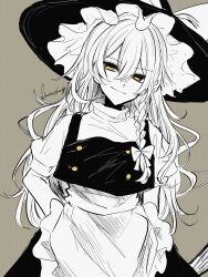 Rule 34 | 1girl, absurdres, annin cha, apron, black hat, braid, cowboy shot, grey background, hair between eyes, hand under clothes, hat, head tilt, highres, kirisame marisa, long hair, monochrome, puffy sleeves, short sleeves, signature, simple background, smile, solo, touhou, witch hat, yellow eyes