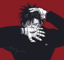 Rule 34 | 1boy, arms up, extra eyes, extra mouth, facial tattoo, fingernails, fushiguro megumi, grin, hair between eyes, hand on own head, highres, jacket, jujutsu kaisen, long sleeves, looking at viewer, male focus, partially colored, red background, red eyes, ryoumen sukuna (jujutsu kaisen), sashiyu, sharp fingernails, short hair, simple background, smile, solo, spoilers, tattoo, upper body