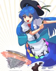 Rule 34 | 1girl, :d, ahoge, apron, back bow, black hat, blue bow, blue hair, bow, bowtie, brown footwear, center frills, collared shirt, commentary request, frilled skirt, frills, fruit hat ornament, hat, highres, hinanawi tenshi, keystone, leaf, long hair, open mouth, peach hat ornament, plus2sf, puffy short sleeves, puffy sleeves, rainbow gradient, rainbow order, red bow, red bowtie, red eyes, shirt, short sleeves, simple background, skirt, smile, solo, touhou, v-shaped eyebrows, very long hair, waist bow, white apron, white background