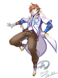 Rule 34 | 10s, 1boy, 2013, belt, black pants, boots, brown hair, buckle, dated, earrings, fingerless gloves, full body, gloves, green eyes, highres, jacket, jewelry, male focus, pants, shiroh46, shirt, smile, solo, sorey (tales), tales of (series), tales of zestiria, white background