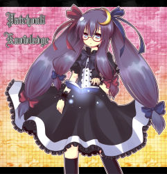 Rule 34 | 1girl, alternate costume, alternate hairstyle, bad id, bad pixiv id, bespectacled, book, character name, crescent, crescent hair ornament, female focus, floating, glasses, gothic lolita, hair ornament, lolita fashion, long hair, no headwear, no headwear, patchouli knowledge, purple eyes, purple hair, solo, thighhighs, touhou, twintails, uranaishi (miraura), wrist cuffs