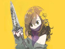 Rule 34 | 1girl, amiami, brown hair, curly hair, dagger, female focus, flower, hair flower, hair ornament, jamadhar, knife, long hair, nail polish, off shoulder, original, simple background, sleeves past wrists, smile, solo, sweater, veil, weapon, yellow background