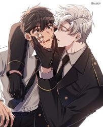 Rule 34 | 2boys, black gloves, black necktie, brown eyes, brown hair, gloves, hand on another&#039;s cheek, hand on another&#039;s face, ilay riegrow, jeong taeui, long sleeves, male focus, multiple boys, necktie, o ssion, passion (manhwa), patch, shirt, simple background, single arm hug, upper body, white background, white hair, white shirt, yaoi