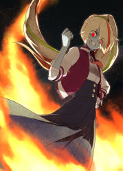 Rule 34 | 1girl, akashingo (rotampel), bad id, bad pixiv id, blonde hair, blue skin, cliff, colored skin, eyes visible through hair, fire, fist pump, glowing, glowing eyes, grin, hand on own hip, highres, long skirt, multicolored hair, necktie, nikaidou saki, red eyes, skirt, smile, solo, stitches, streaked hair, zombie, zombie land saga