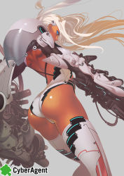 Rule 34 | 1girl, arm cannon, ass, black gloves, dark-skinned female, dark skin, dual wielding, elbow gloves, floating hair, from behind, gloves, gun, hair lift, hair ornament, hairclip, highres, holding, huge weapon, leotard, logo, long hair, looking back, mecha musume, million chain, official art, simple background, solo, thighhighs, tomoyuki kotani, weapon, white hair, white thighhighs, wind, wind lift