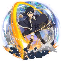 Rule 34 | 1boy, black coat, black eyes, black hair, black pants, coat, hair between eyes, highres, holding, holding sword, holding weapon, kirito, long sleeves, looking at viewer, male focus, non-web source, official art, open mouth, pants, solo, standing, sword, sword art online, transparent background, v-shaped eyebrows, weapon