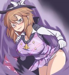 Rule 34 | 1girl, alternate breast size, aura, bad id, bad twitter id, breasts, brown eyes, brown hair, cape, cleavage, clothes lift, commentary request, cowboy shot, gero zoukin, glasses, gloves, hat, hat ribbon, huge breasts, large breasts, leaning forward, microskirt, miniskirt, panties, popped collar, purple background, purple skirt, ribbon, semi-rimless eyewear, sexually suggestive, skirt, skirt lift, smile, thighs, touhou, undershirt, underwear, usami sumireko, white gloves, white panties