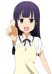 Rule 34 | 1girl, :d, apron, armpit peek, blunt bangs, foreshortening, igashiko, long hair, looking at viewer, open mouth, pointing, pointing at viewer, purple eyes, purple hair, simple background, smile, solo, tsurime, upper body, waitress, white background, working!!, yamada aoi