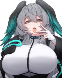 Rule 34 | 1girl, absurdres, arknights, blue eyes, breasts, commentary request, fangs, fingerless gloves, gloves, grey hair, grey nails, hair between eyes, head wings, highres, ho&#039;olheyak (arknights), huge breasts, looking at viewer, nail polish, open mouth, rikuguma, simple background, solo, teeth, tongue, tongue out, upper body, white background, wings