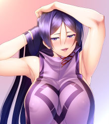 Rule 34 | 1girl, 846-gou, absurdres, armpits, bare shoulders, blush, breasts, fate/grand order, fate (series), highres, large breasts, long hair, looking at viewer, minamoto no raikou (fate), open mouth, parted bangs, purple eyes, purple hair, sideboob, smile, solo, tabard, very long hair