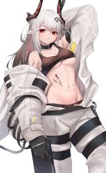 Rule 34 | 1girl, absurdres, arknights, arm up, bare shoulders, black choker, black gloves, breasts, choker, cleavage, commentary, cowboy shot, crop top, gloves, groin, highres, horns, infection monitor (arknights), kuki panda (wkdwnsgk13), long hair, long sleeves, looking at viewer, material growth, medium breasts, midriff, mudrock (arknights), mudrock (elite ii) (arknights), navel, off shoulder, oripathy lesion (arknights), parted lips, pointy ears, red eyes, silver hair, simple background, solo, sports bra, standing, stomach, underboob, white background