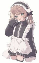 Rule 34 | 1girl, absurdres, apron, black bow, black jacket, blush, bow, brown hair, cowboy shot, cropped legs, double horizontal stripe, double vertical stripe, green eyes, hair bow, hairband, highres, indie virtual youtuber, jacket, jersey maid, lolita hairband, long hair, looking at viewer, low twintails, maid, name tag, open mouth, roku 6, shigure ui (vtuber), simple background, smile, solo, track jacket, twintails, unconventional maid, virtual youtuber, white apron, white background