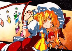 Rule 34 | 1girl, apple, ascot, blonde hair, collared shirt, crystal, fang, flandre scarlet, food, fruit, hair between eyes, hat, holding, holding food, holding fruit, looking at viewer, mob cap, open mouth, pointy ears, puffy short sleeves, puffy sleeves, qqqrinkappp, red apple, red vest, shirt, short sleeves, side ponytail, skin fang, solo, sweatdrop, touhou, traditional media, vest, white hat, white shirt, wings, wrist cuffs, yellow ascot, yellow eyes