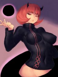 Rule 34 | 10s, 1girl, breasts, covered erect nipples, darkness, female focus, fumio (rsqkr), gradient background, horns, large breasts, lips, looking at viewer, mira (world trigger), navel, no panties, red eyes, red hair, short hair, solo, world trigger