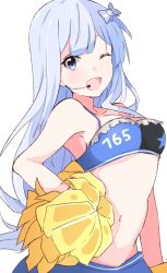 Rule 34 | 10s, 1girl, ;d, arched back, blue eyes, blue hair, bow, bustier, cheerleader, clothes writing, enelis, hair bow, hand on own hip, headset, idolmaster, idolmaster million live!, idolmaster million live! theater days, long hair, looking at viewer, midriff, one eye closed, open mouth, pom pom (cheerleading), shiraishi tsumugi, smile, solo, spaghetti strap, very long hair
