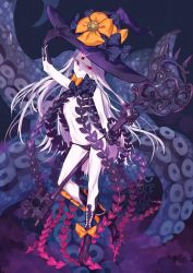 Rule 34 | 1girl, abigail williams (fate), abigail williams (third ascension) (fate), black bow, black panties, blush, bow, fate/grand order, fate (series), grey hair, hand on headwear, hat, highres, holding, holding key, key, keyhole, long hair, looking at viewer, moegi0926, navel, orange bow, pale skin, panties, pink eyes, polka dot, polka dot bow, smile, solo, tentacles, third eye, underwear, very long hair, witch hat