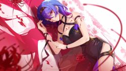 Rule 34 | 1girl, absurdres, bad id, bad pixiv id, black dress, black hairband, blood, blood on face, blue hair, breasts, cleavage, commentary request, copyright request, criss-cross halter, dress, dutch angle, flower, gradient hair, hair between eyes, hairband, halter dress, halterneck, highres, jewelry, large breasts, long hair, looking at viewer, lying, multicolored hair, on side, parted lips, pelvic curtain, purple hair, red eyes, red flower, ring, sleeveless, sleeveless dress, solo, spider lily, thigh strap, wristband, xianyu liang