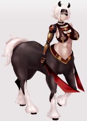 Rule 34 | 1girl, animal ears, armor, breasts, centaur, choker, colored eyelashes, dual wielding, eyepatch, full body, highres, holding, holding sword, holding weapon, horizontal pupils, horse ears, horse tail, large breasts, monster girl, monster girl island, navel, one eye covered, redamz, short hair, simple background, solo, standing, sword, tail, taur, therona, weapon, white eyes, white hair