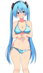 Rule 34 | 1girl, bare arms, bare shoulders, baretto (karasi07), bikini, black hairband, blue bikini, blue eyes, blue hair, blush, breasts, cleavage, collarbone, feet out of frame, hair ornament, hairband, hatsune miku, highres, large breasts, long hair, looking at viewer, medium breasts, multiple girls, navel, own hands together, parted lips, ribbon, side-tie bikini bottom, simple background, solo, standing, stomach, striped bikini, striped clothes, swimsuit, twintails, underboob, very long hair, vocaloid, white background
