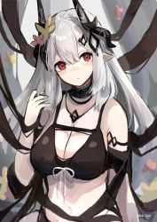 Rule 34 | 1girl, :o, andou yuna, arknights, armlet, bare shoulders, bikini, black bikini, blush, breasts, cleavage, collar, flower, grey hair, hair flower, hair ornament, highres, horns, infection monitor (arknights), jewelry, large breasts, long hair, looking at viewer, mudrock (arknights), mudrock (silent night) (arknights), navel, necklace, official alternate costume, parted lips, pointy ears, red eyes, signature, solo, stomach, swimsuit, twitter username, upper body, yellow flower