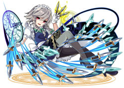 Rule 34 | 1girl, apron, black pantyhose, bow, braid, dagger, dress, full body, gloves, hair bow, high heels, inverted colors, izayoi sakuya, knife, kozakura (dictionary), looking at viewer, magic circle, maid headdress, open mouth, pantyhose, puffy sleeves, red eyes, short hair, short sleeves, silver hair, smile, solo, touhou, twin braids, waist apron, weapon, white background, white gloves