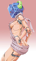 Rule 34 | 1girl, android, arched back, ass, backless dress, backless outfit, bare arms, bare back, bare shoulders, breasts, butt crack, clothed robot, cowboy shot, cube, dress, gradient background, headphones, joints, looking at viewer, mecha musume, medium breasts, meme attire, naked sweater, original, red background, ribbed sweater, robot, robot joints, sideboob, solo, sweater, sweater dress, teraoka kenji, turtleneck, turtleneck sweater, virgin killer sweater