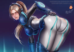 Rule 34 | 1girl, ass, badcompzero, bent over, blonde hair, bodysuit, breasts, brown eyes, long hair, looking back, nova (starcraft), ponytail, solo, starcraft, thighs