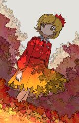 Rule 34 | 1girl, absurdres, aki shizuha, arms at sides, autumn leaves, blonde hair, buttons, closed mouth, collared shirt, dappled sunlight, dress, dutch angle, flat color, gradient skirt, grey background, hair ornament, highres, leaf, leaf hair ornament, leaf on head, long sleeves, looking ahead, neruzou, orange dress, orange eyes, red shirt, shirt, short hair, simple background, solo, standing, sunlight, touhou, white background