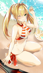 Rule 34 | 1girl, absurdres, aestus estus, ahoge, arched back, bad id, bad pixiv id, ball, bare arms, bare legs, bare shoulders, beach, beachball, bikini, blonde hair, blush, bow, breasts, cleavage, collarbone, criss-cross halter, day, fate/grand order, fate (series), from side, green eyes, hair intakes, halterneck, hand up, highres, long hair, looking at viewer, medium breasts, navel, nero claudius (fate), nero claudius (fate) (all), nero claudius (swimsuit caster) (fate), ocean, outdoors, red bow, seiza, shiosato jun, sitting, solo, stomach, striped bikini, striped clothes, swimsuit, thighs, twintails, water