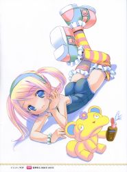 Rule 34 | 1girl, absurdres, blonde hair, blue eyes, bracelet, headband, highres, jewelry, long hair, lotion, pop, school swimsuit, socks, solo, striped clothes, striped socks, swimsuit, twintails