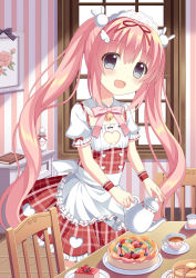Rule 34 | 1girl, breasts, cake, cleavage, cleavage cutout, clothing cutout, coffee, eyebrows, food, grey eyes, heart, heart cutout, highres, indoors, long hair, maid, maid headdress, open mouth, original, pink hair, riria (happy strawberry), small breasts, solo, striped, twintails, window