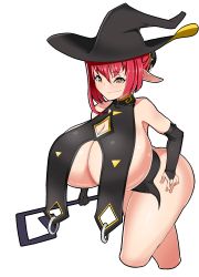 Rule 34 | 1girl, breast curtains, breasts, bridal gauntlets, hat, highres, huge breasts, nipples, red hair, signum (nanohanano77), smile, staff, underboob, witch hat, yellow eyes