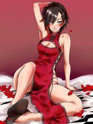 Rule 34 | 1girl, bare shoulders, black hair, blush, breasts, china dress, chinese clothes, cleavage, cleavage cutout, clothing cutout, commentary, dress, floral print, highres, medium breasts, multicolored hair, red dress, red hair, ruby rose, rwby, grey eyes, sitting, sleeve cuffs, solo